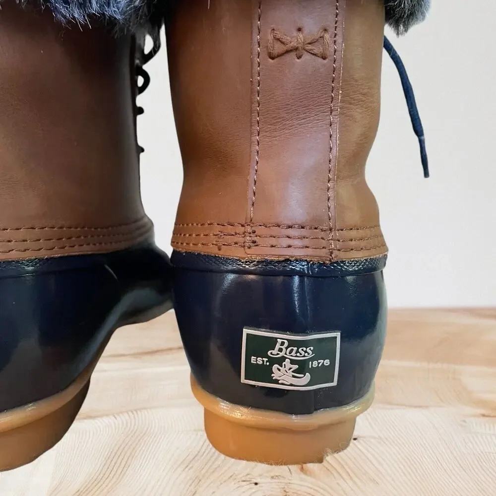 Bass Harlequin Winter Duck Boots Black Sz‎ 9 Womens Leather Rubber Faux Fur Trim